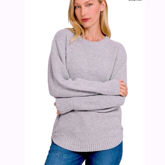 Zenana Outfitters Gray Crew Neck Sweater with Ribbed Texture - Picture 1 of 5